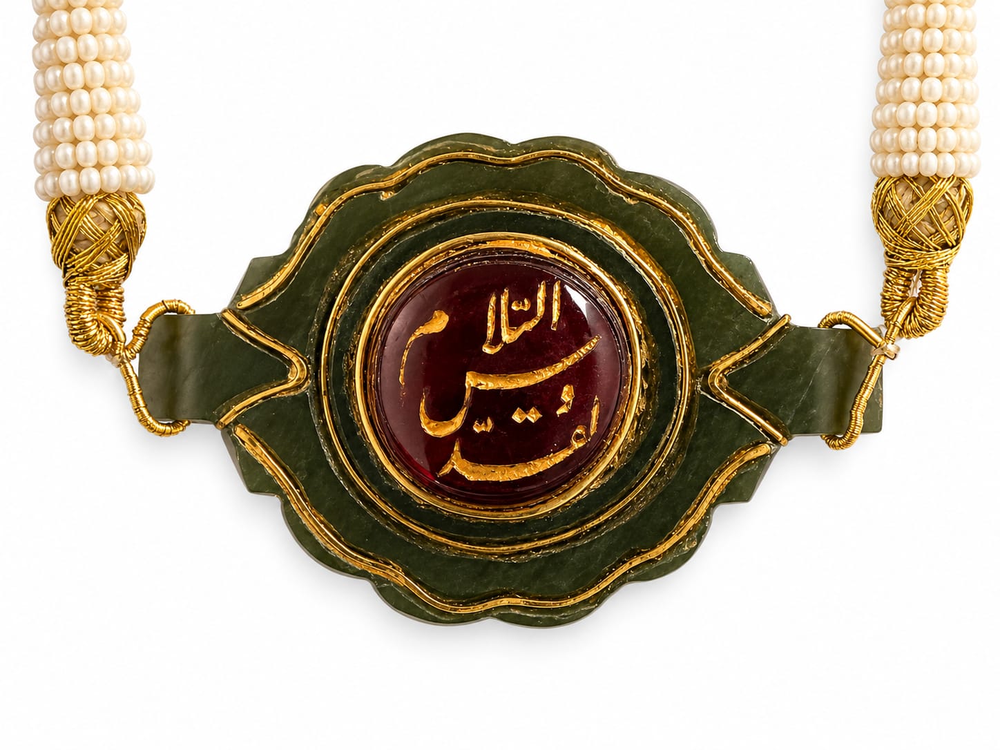 Mughal handmade islamic jade stone pendant studded with dark maroon precious stone